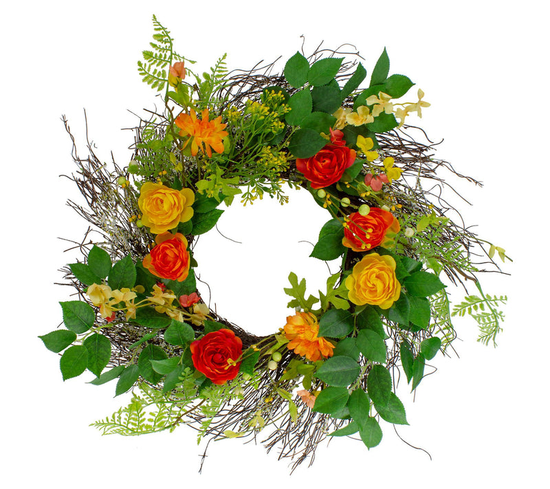 Ranunculus and Rose Floral Spring Wreath  Orange and Yellow — View 3