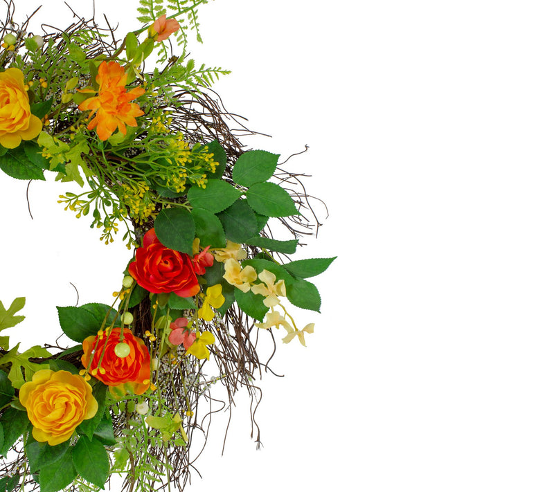Ranunculus and Rose Floral Spring Wreath  Orange and Yellow — View 4
