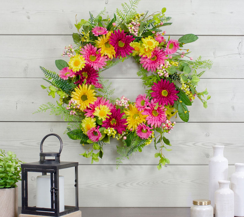 Chrysanthemum and Daisy Floral Spring Wreath  P ink and Yellow — View 6