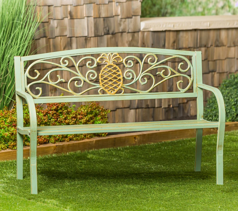 Pineapple Metal Garden Bench - Verdigris by Evergreen — View 3