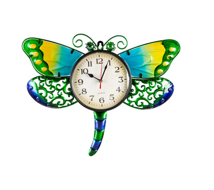 Evergreen Metal and Glass Shaped Wall Clock, Dragonfly