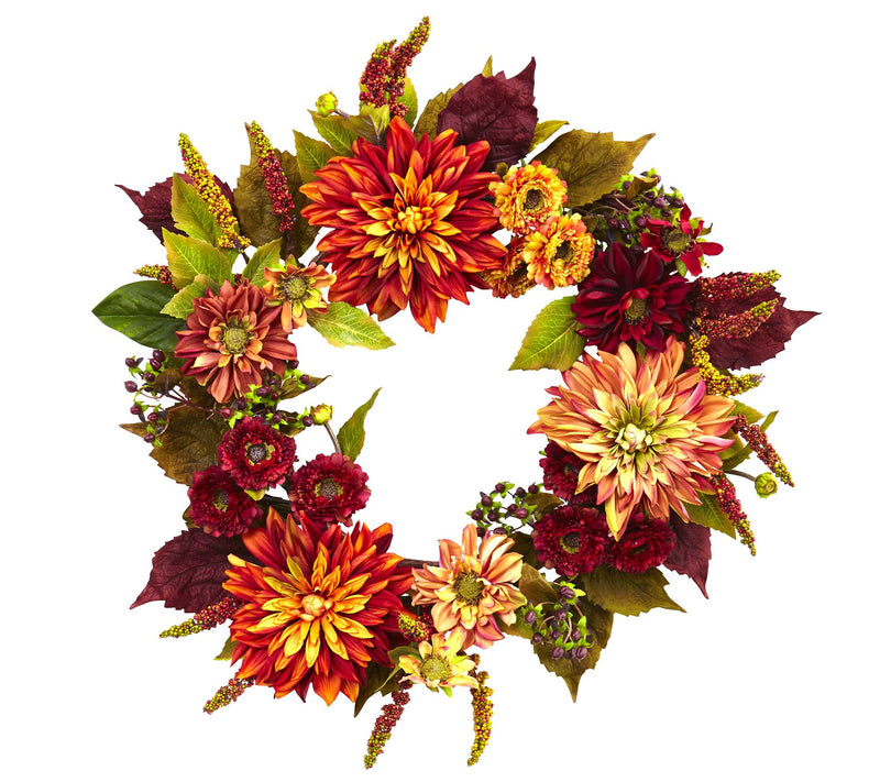 22" Dahlia & Mum Wreath by Nearly Natural — Main view