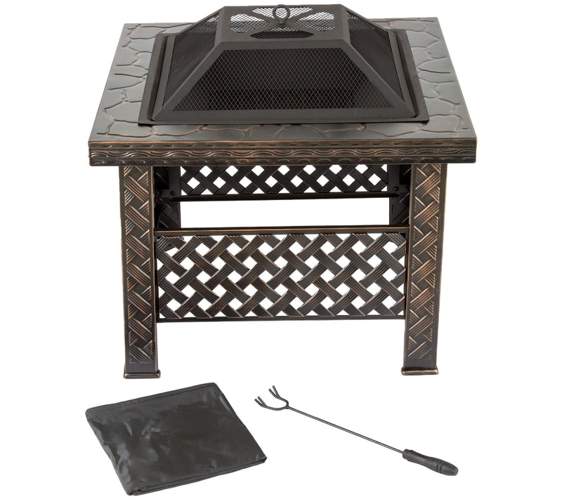 Pure Garden 26" Square Woven Metal Fire Pit with Cover — Main view