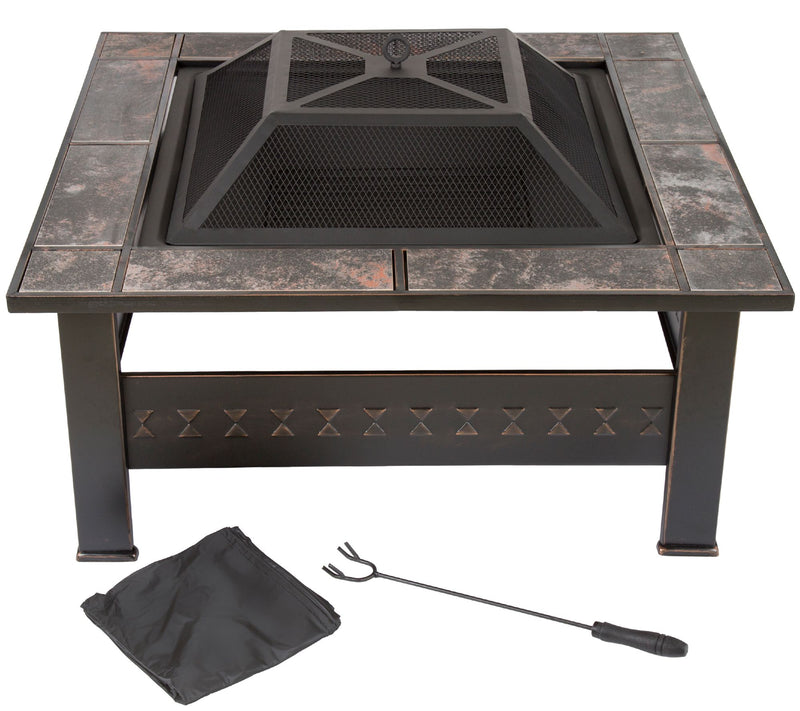 Pure Garden 32" Square Tile Fire Pit with Cover — Main view