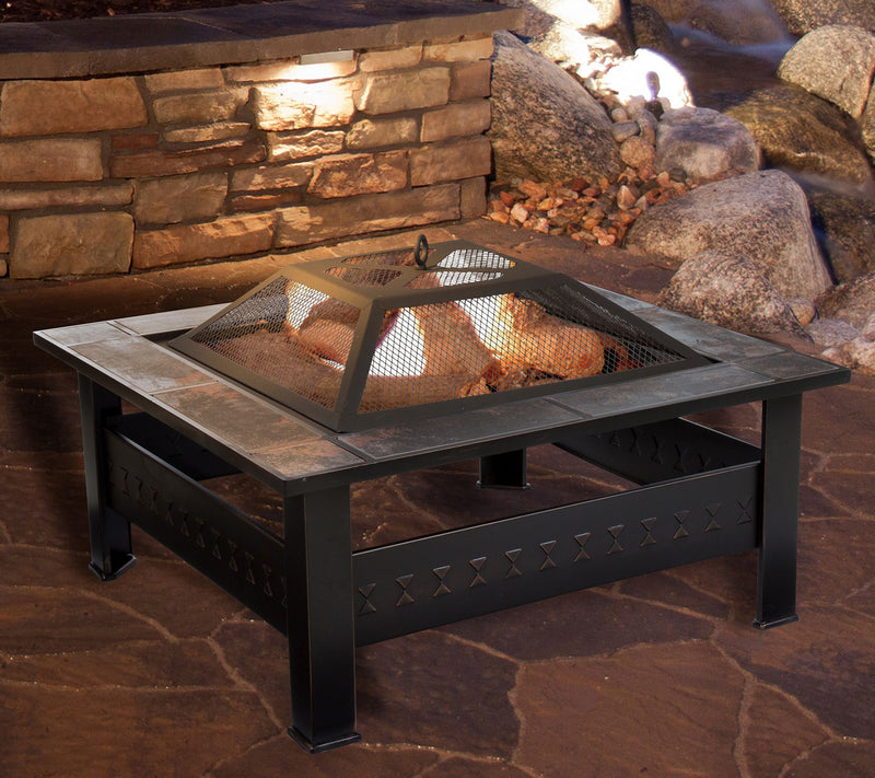 Pure Garden 32" Square Tile Fire Pit with Cover — View 2