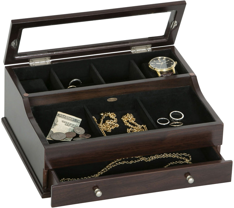 Mele & Co. Hampden Men's Glass Top Valet in Mahogany Finish — View 6