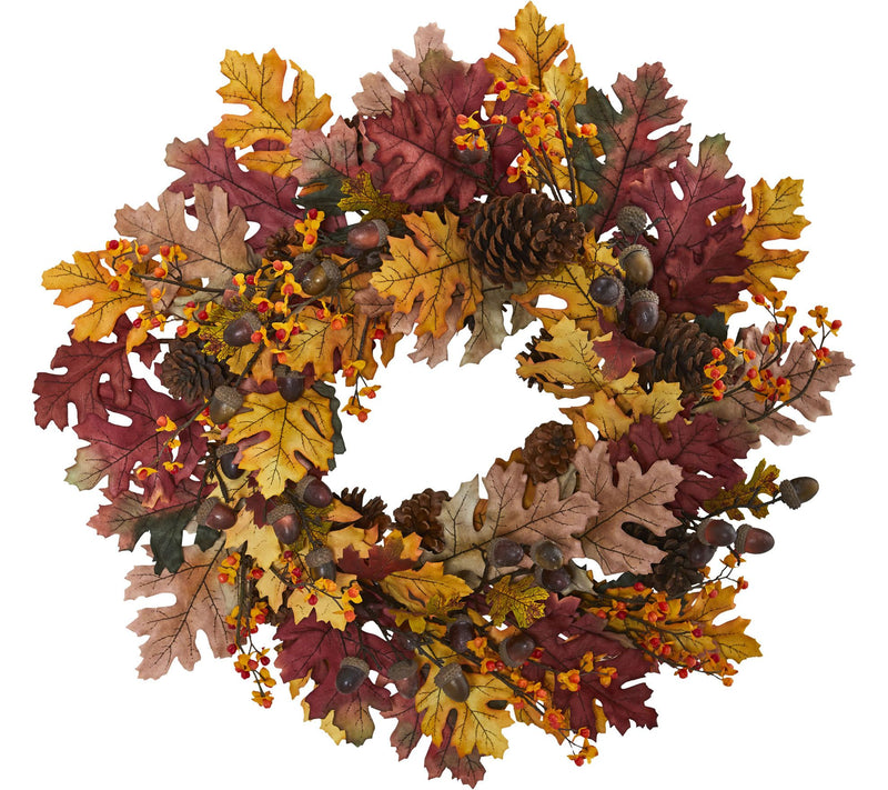 24" Oak Leaf, Acorn & Pine Wreath by Nearly Natural — Main view