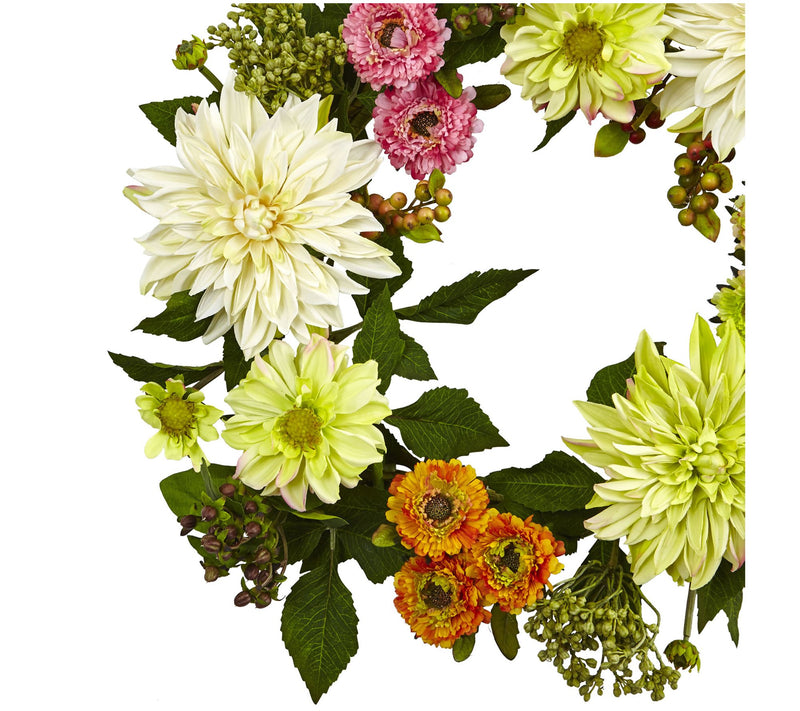 22" Dahlia Mum Wreath by Nearly Natural — View 2