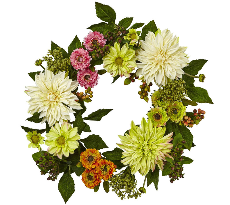 22" Dahlia Mum Wreath by Nearly Natural — Main view