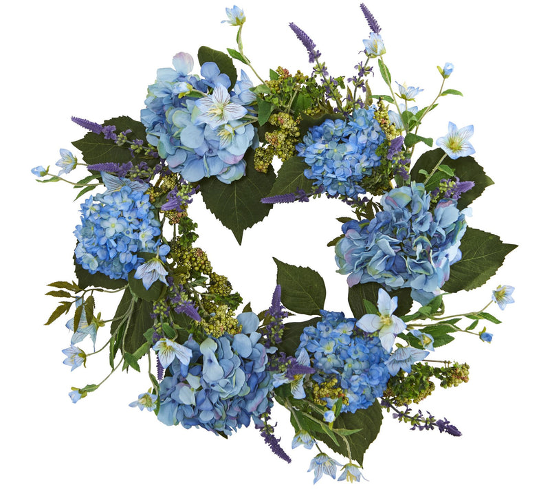 24" Blue Hydrangea Wreath by Nearly Natural — Main view