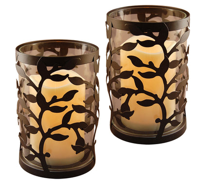 LumaBase 2 Round Vine Metal Lanterns with Flameless Candles