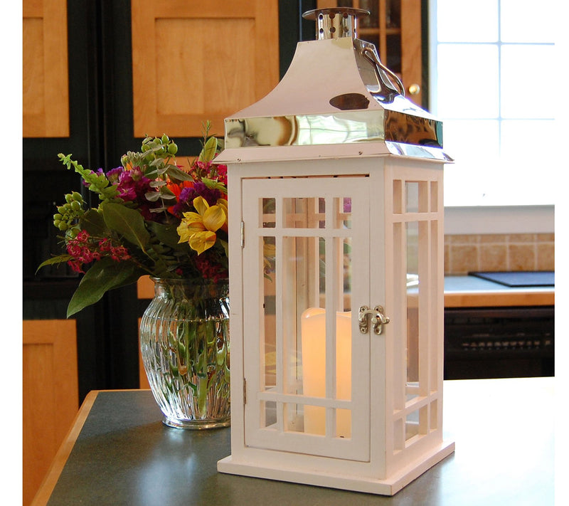 LumaBase White Wood & Chrome Lantern with Flameless Candle — View 4