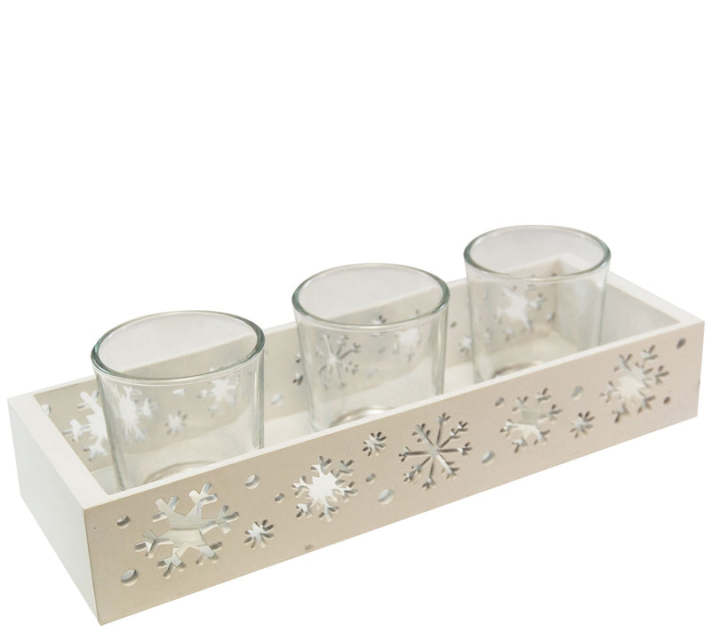 LumaBase Wooden Snowflake Candle Tray with 3 Glass Holders — Main view