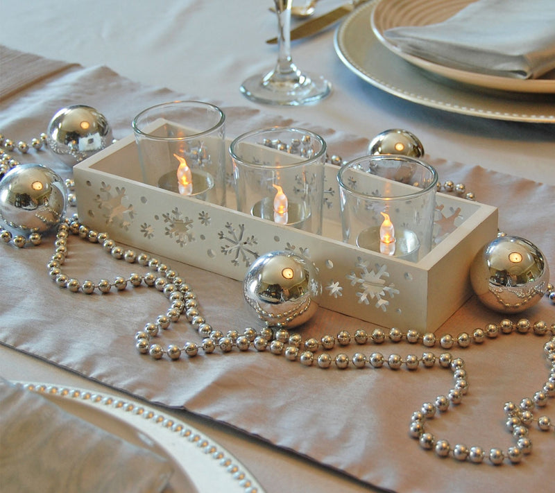 LumaBase Wooden Snowflake Candle Tray with 3 Glass Holders — View 3