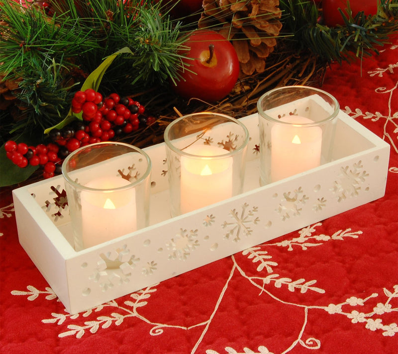 LumaBase Wooden Snowflake Candle Tray with 3 Glass Holders — View 2