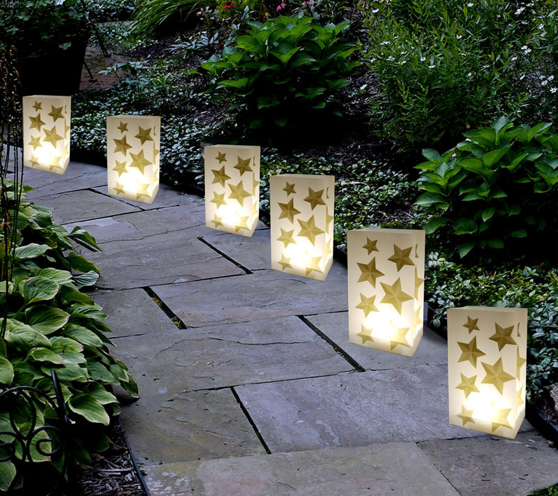 LumaBase Set of 6 Goldtone Star LED Luminariaswith Timer — View 4