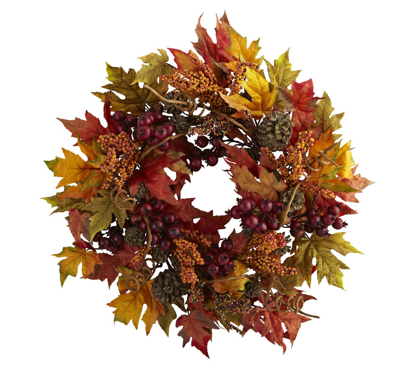 24" Maple and Berry Wreath by Nearly Natural — Main view