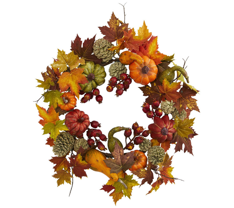 24" Pumpkin and Gourd Wreath by Nearly Natural — Main view