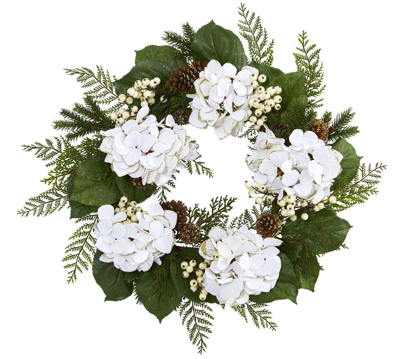 24" Gold-Trimmed Hydrangea Wreath by Nearly Natural — Main view