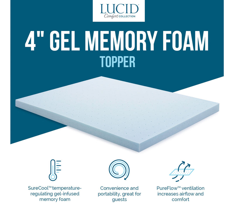 Lucid Comfort Collection 4" Gel Memory Foam Topper - Queen — View 2