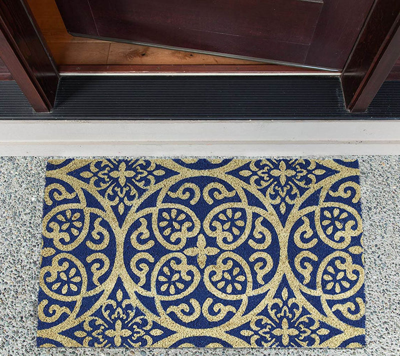 Blue Tunisia Scroll Natural Coir Doormat with Nonslip Back — View 2