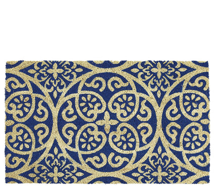 Blue Tunisia Scroll Natural Coir Doormat with Nonslip Back