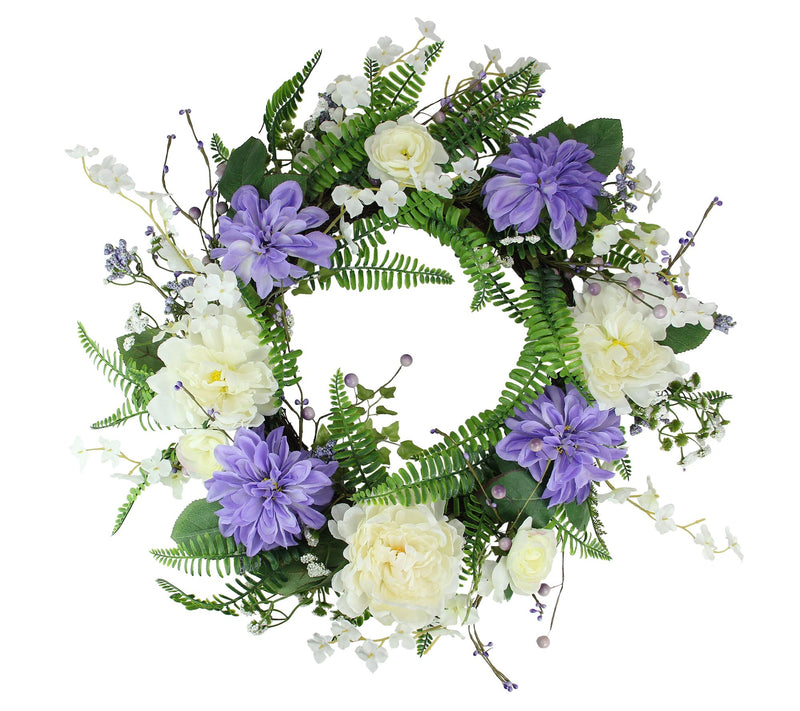 Northlight Peony & Assorted Foliage Wreath  Purple & Cream — Main view
