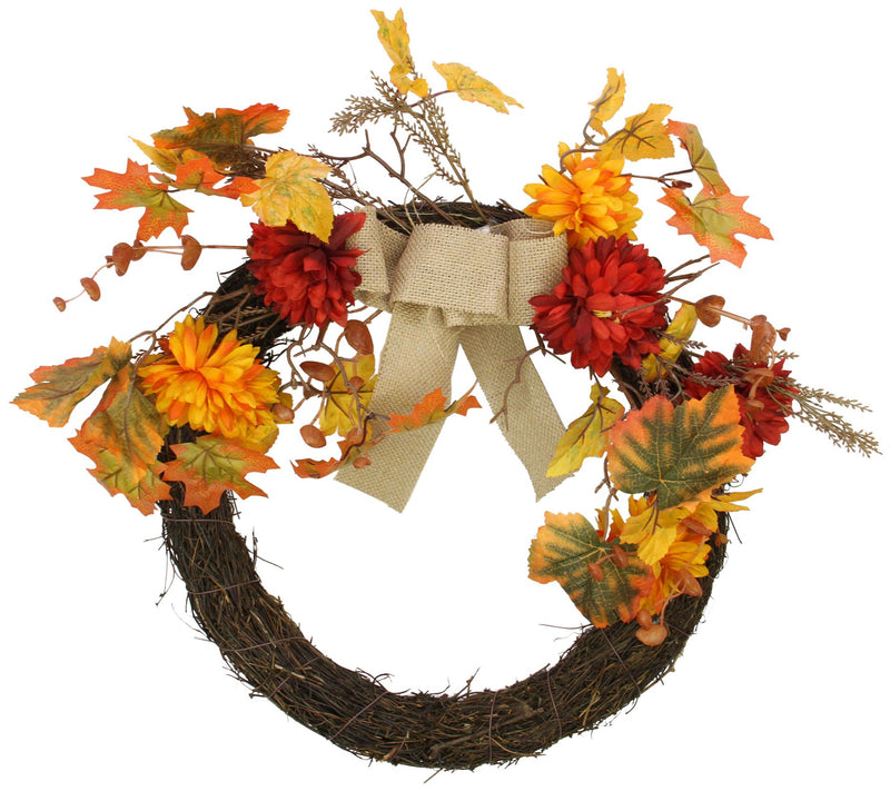 Northlight Fall Leaf and Mum Flower Thanksgiving Twig Wreath — Main view