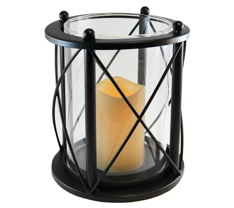 LumaBase Round Black Criss Cross Metal Lanternwith LED Candle — Main view