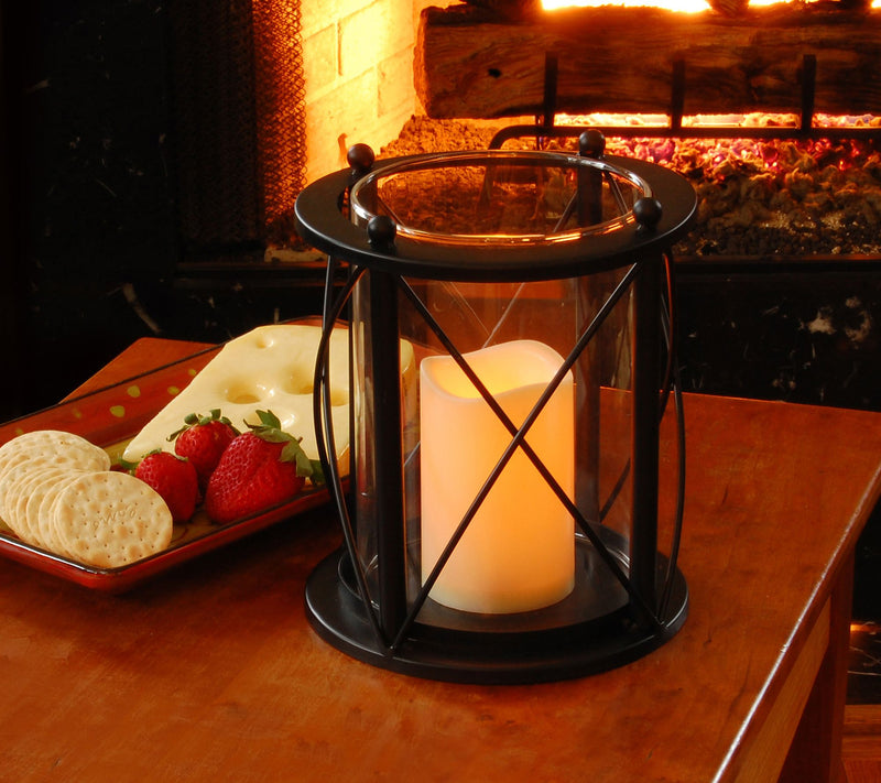 LumaBase Round Black Criss Cross Metal Lanternwith LED Candle — View 3