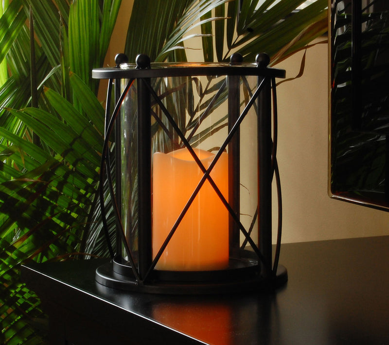 LumaBase Round Black Criss Cross Metal Lanternwith LED Candle — View 2