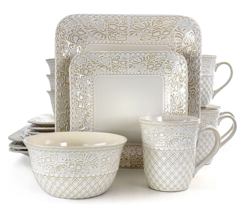 Elama Lotus 16-Pc Square Stoneware Dinnerware Set — View 5