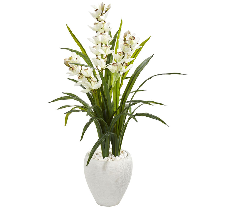 4' Cymbidium Orchid Plant in White Planter by Nearly Natural — Main view