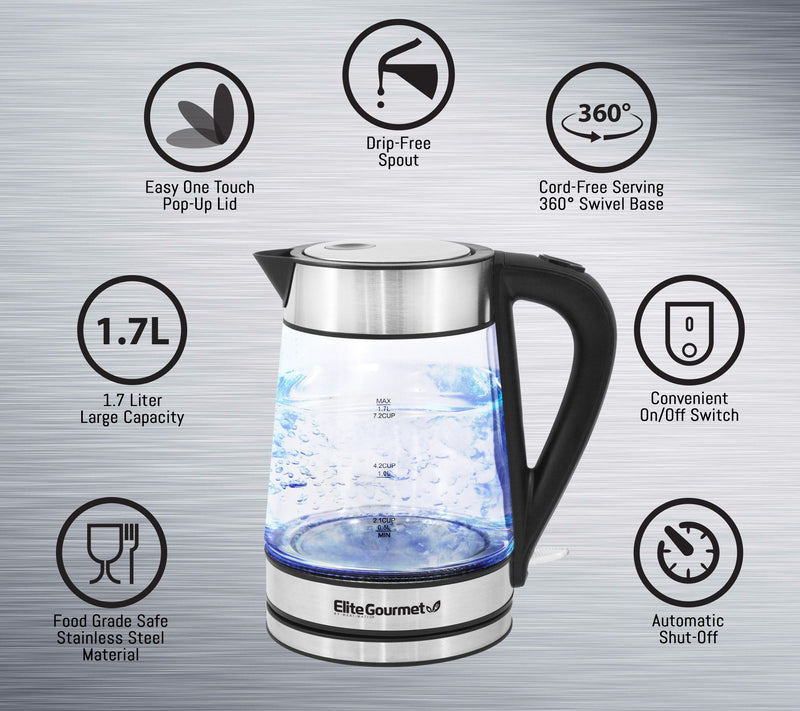 Elite Platinum Cordless 1.7L Glass Kettle, Stainless Steel — View 2