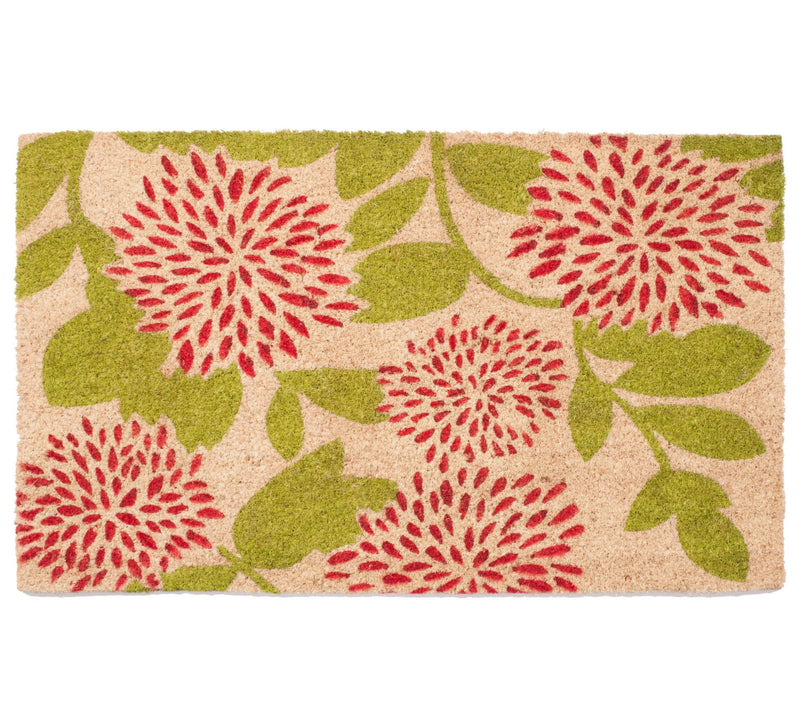Red Floral with Green Leaves Doormat with PVC Backing — Main view