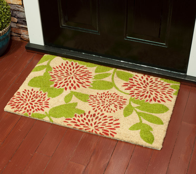 Red Floral with Green Leaves Doormat with PVC Backing — View 2