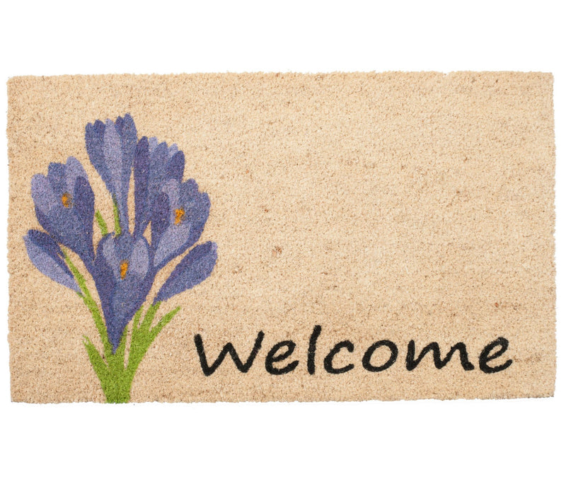 Purple Floral Welcome Doormat with PVC Backing — Main view
