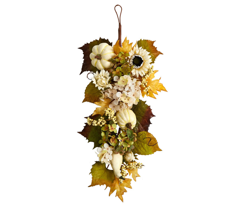 Nearly Natural 33" Fall Sunflower & White Pumpkin Teardrop — Main view