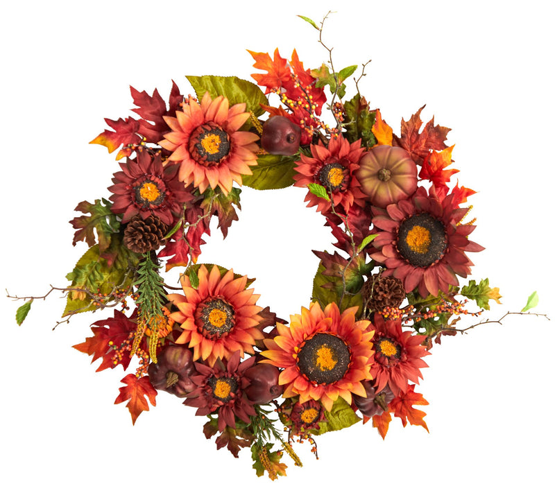 Nearly Natural 24" Autumn Sunflower & Berries Fall Wreath — View 3