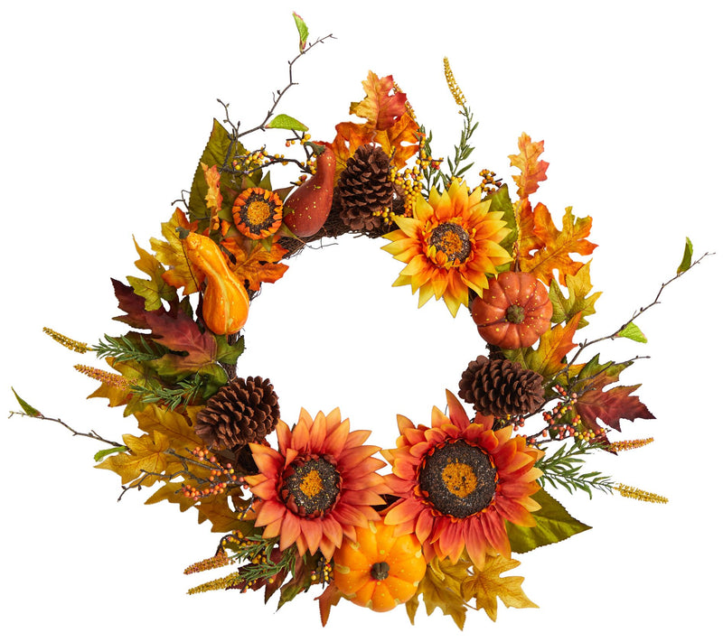 Nearly Natural 24" Fall Sunflower & Berries Autumn Wreath — View 3