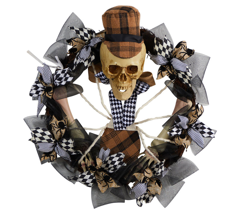 Nearly Natural 24" Halloween Skull in Plaid Mesh Wreath — Main view
