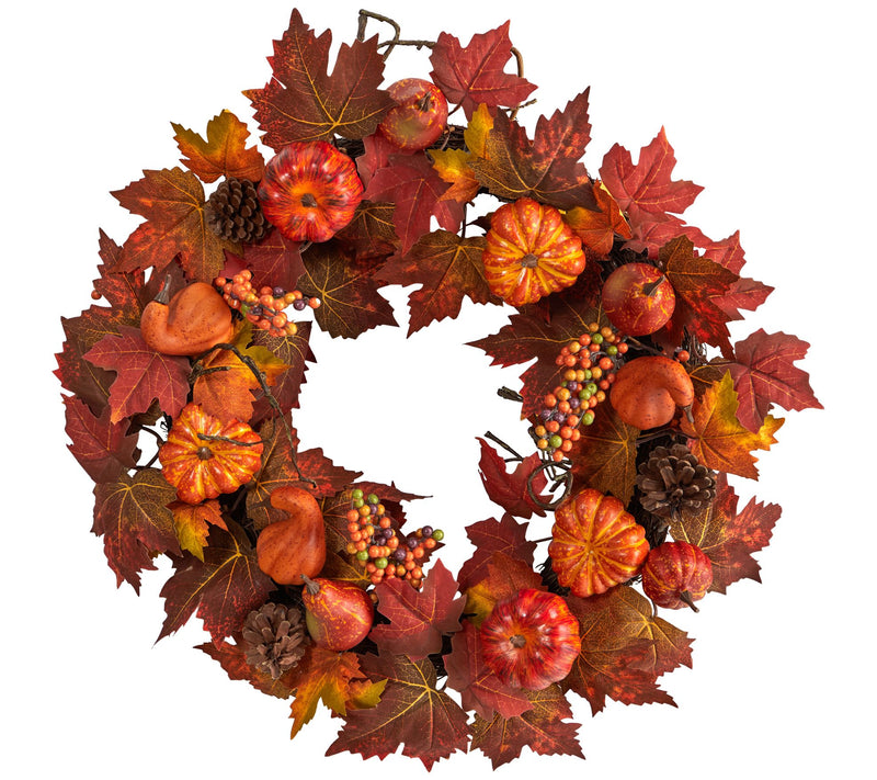 Nearly Natural 24" Maple Leaf Wreath w/Pumpkin, Berries — View 3