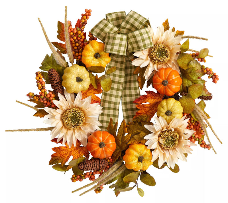 Nearly Natural 24" Fall Pumpkin, Sunflower Wreath — View 3