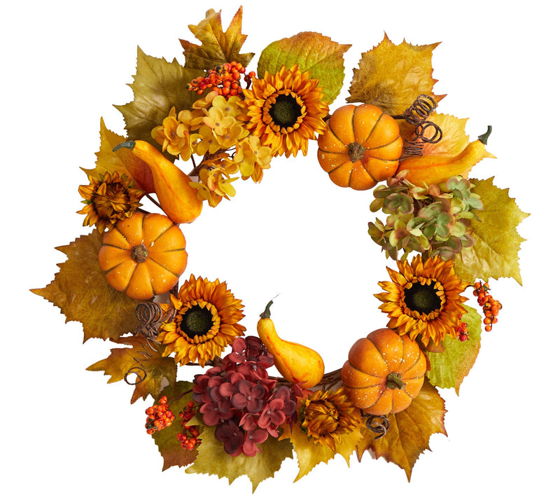 Nearly Natural 22" Hydrangea, Pumpkin & Sunflower Wreath — Main view
