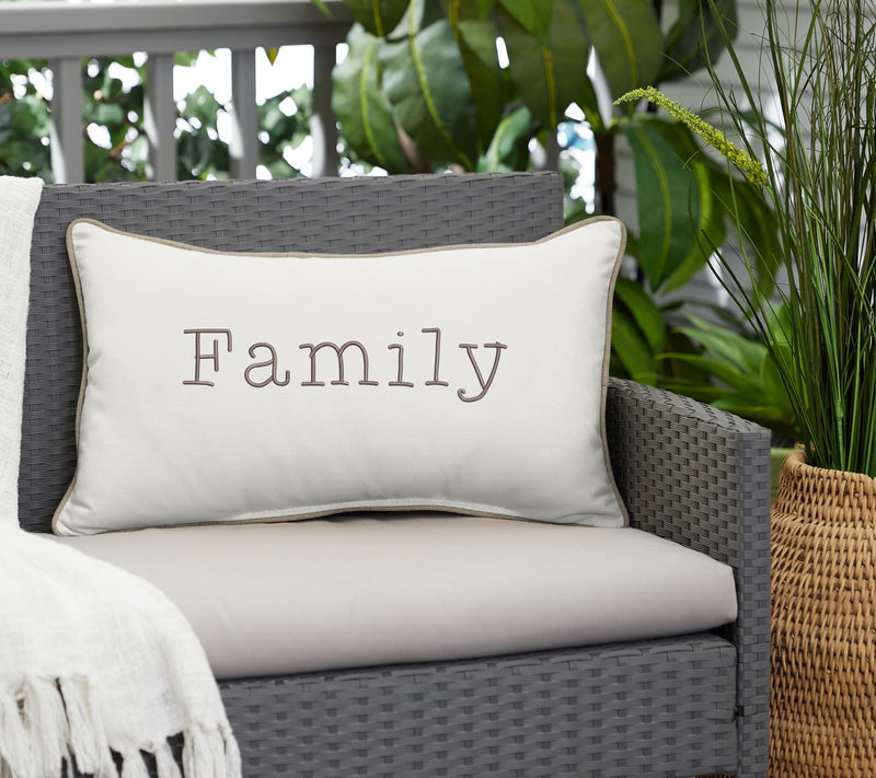 Sunbrella Lumbar Embroidered Pillow - "Family" — View 2