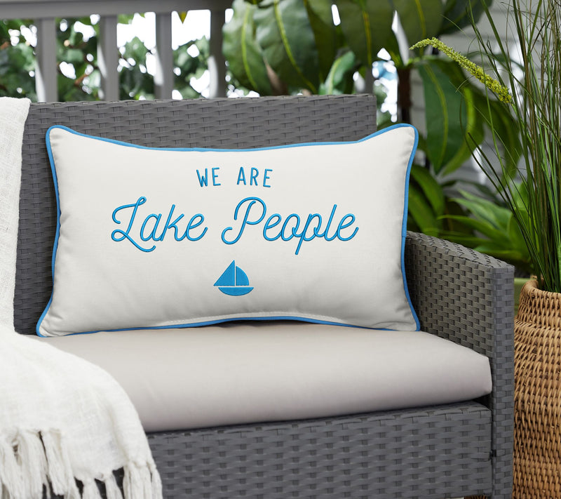 Sunbrella Lumbar Embroidered Pillow - "We Are Lake People" — View 4