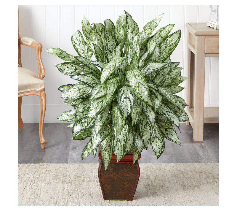 Silver Queen with Decorative Planter Plant by Nearly Natural — View 2