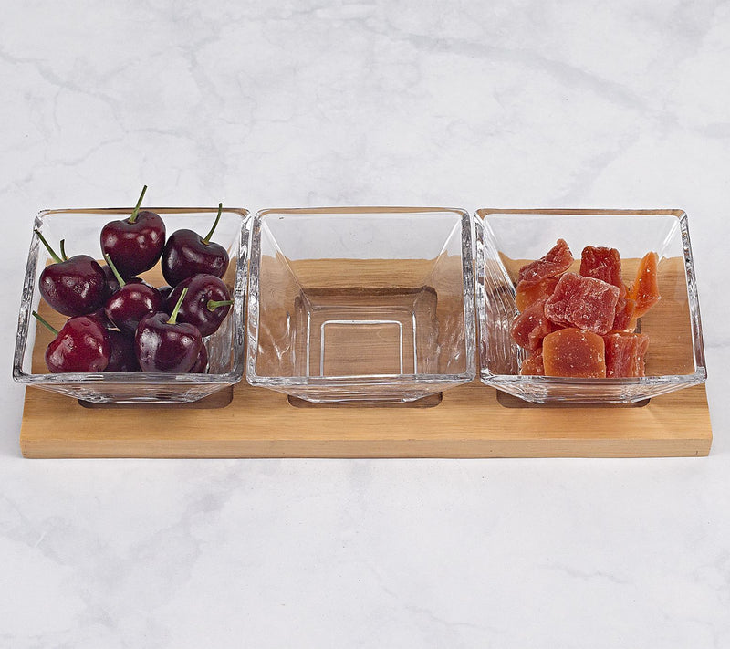 Badash Hostess Set 4-Pc With 3 Glass Condimenton a Wood Tray — View 2