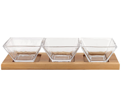 Badash Hostess Set 4-Pc With 3 Glass Condimenton a Wood Tray