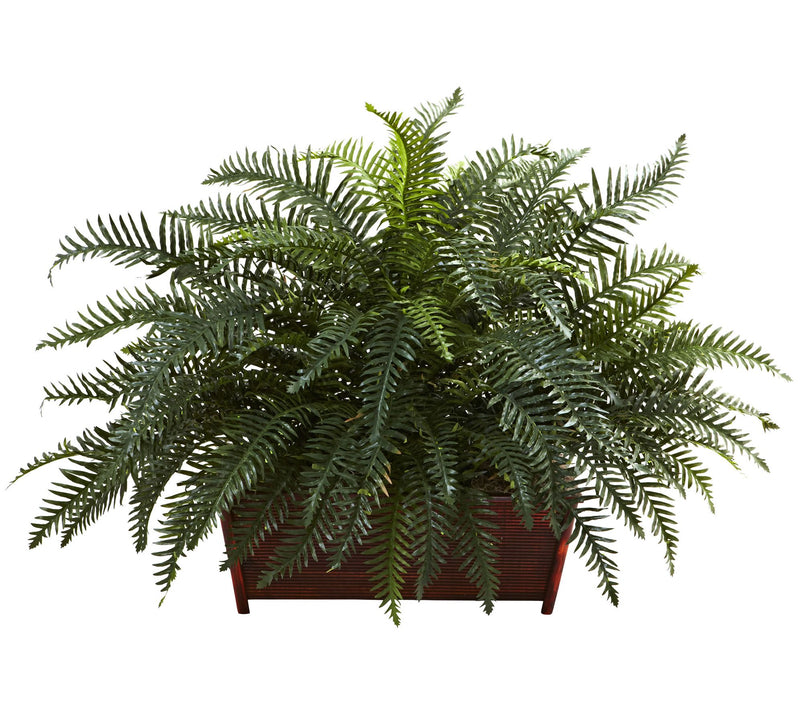 River Fern w/Wood Planter by Nearly Natural — Main view